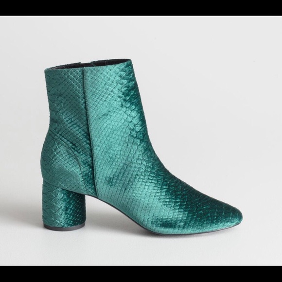 & Other Stories Shoes - & Other Stories velvet green snakeskin ankle boot